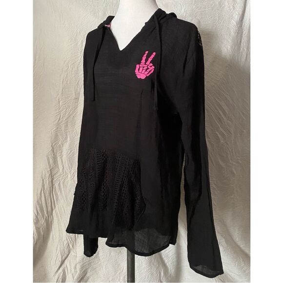 Retro, Peace Sign Skeleton, Upcycled, Hooded, Cover-Up Tunic - Picture 6 of 16